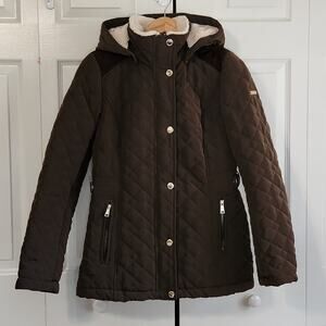 Laundry‎ By Shelli Segal Brown Hooded Quilted Puffer Coat  XS Midi Granola Girl